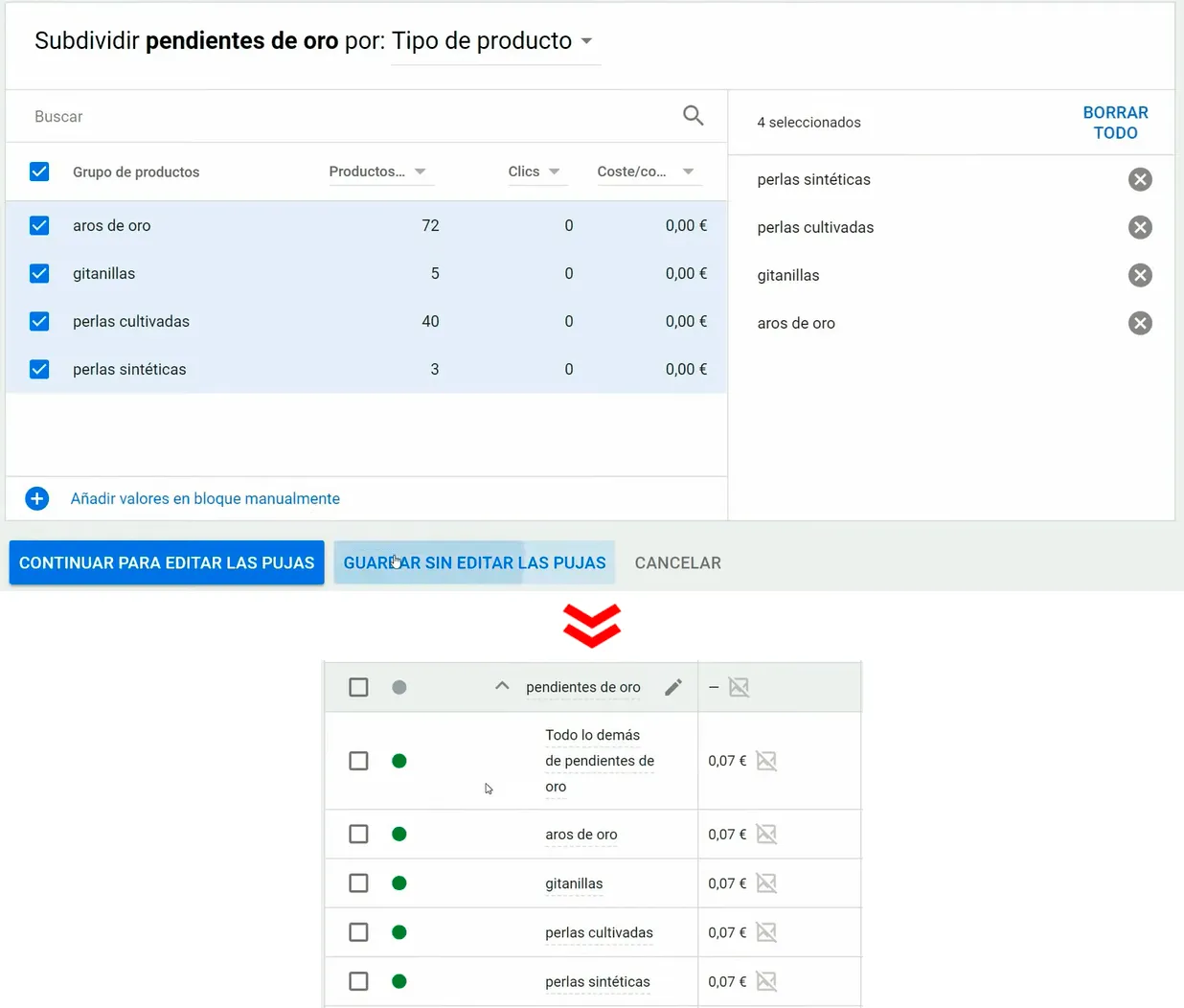 Subdivisiones de menor nivel en los grupos de productos en Google Shopping