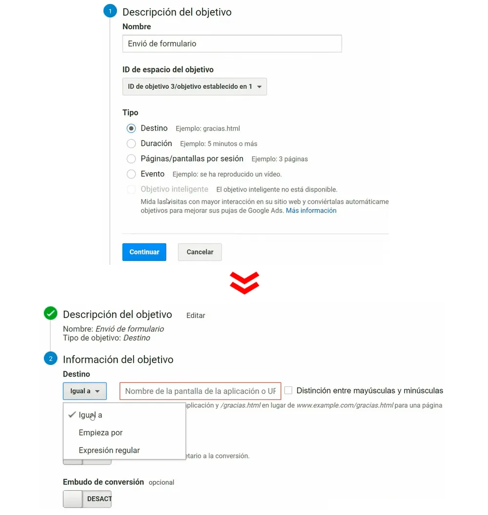 Crear un objetivo en Google Analytics por URL de destino