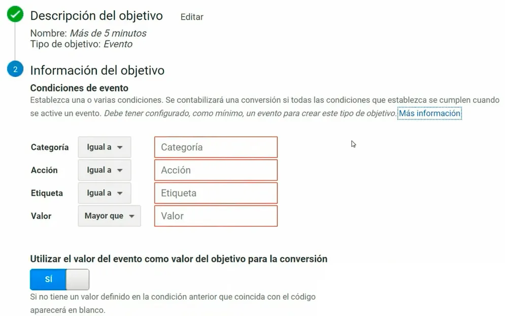 Crear un objetivo en Google Analytics del tipo evento