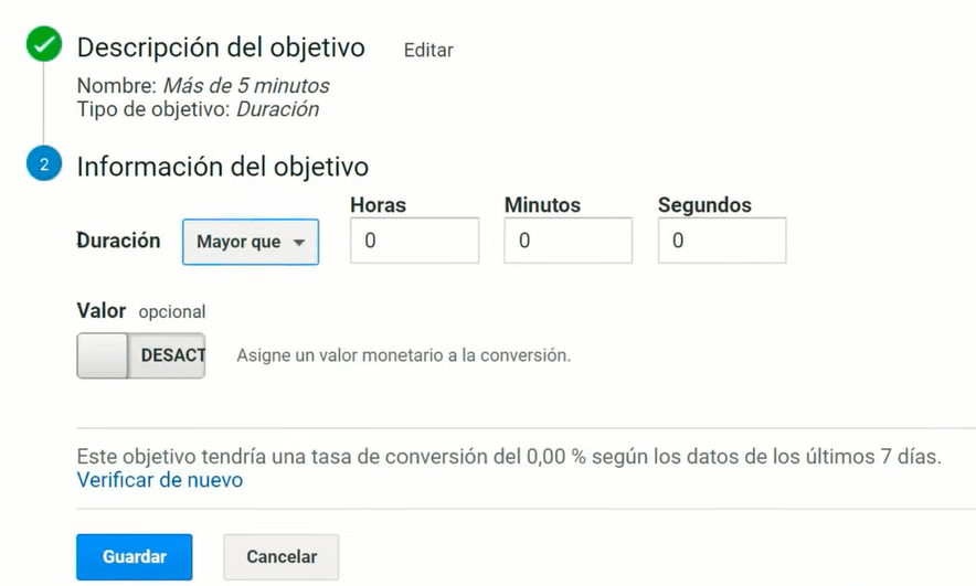 Crear un objetivo en Google Analytics del tipo por duración