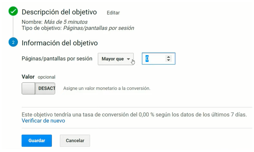 Crear un objetivo en Google Analytics del tipo páginas / pantallas por sesión
