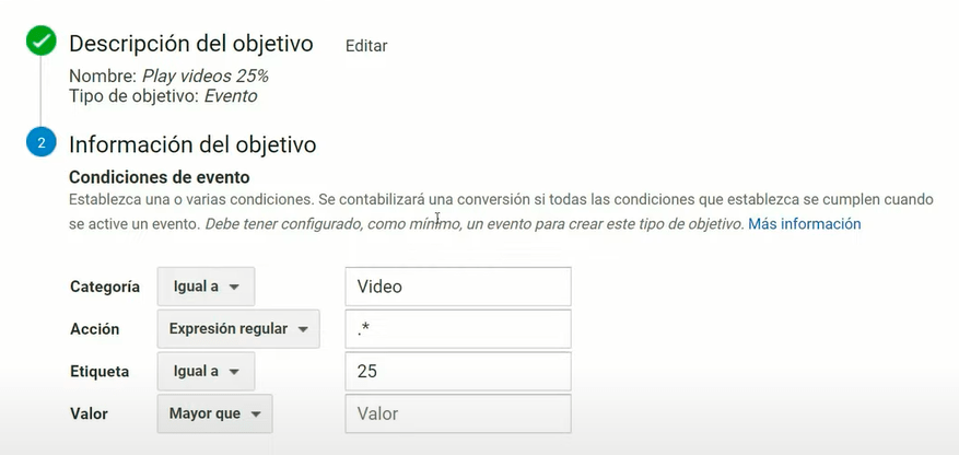 Crear un objetivo en Google Analytics de vídeo