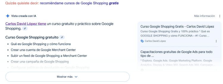Google AI Overview recomienda los cursos de Carlos David
