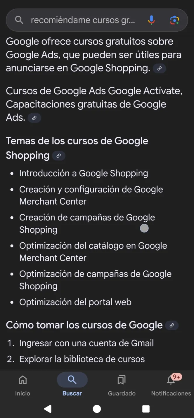 Google AI Overview resultado sobre cursos Google Shopping