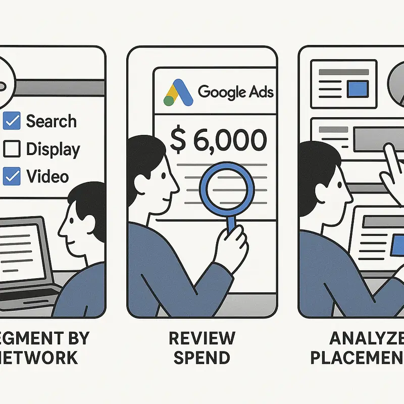 Secuencia visual de pasos para analizar redes, gasto y emplazamientos en campañas de Google Ads
