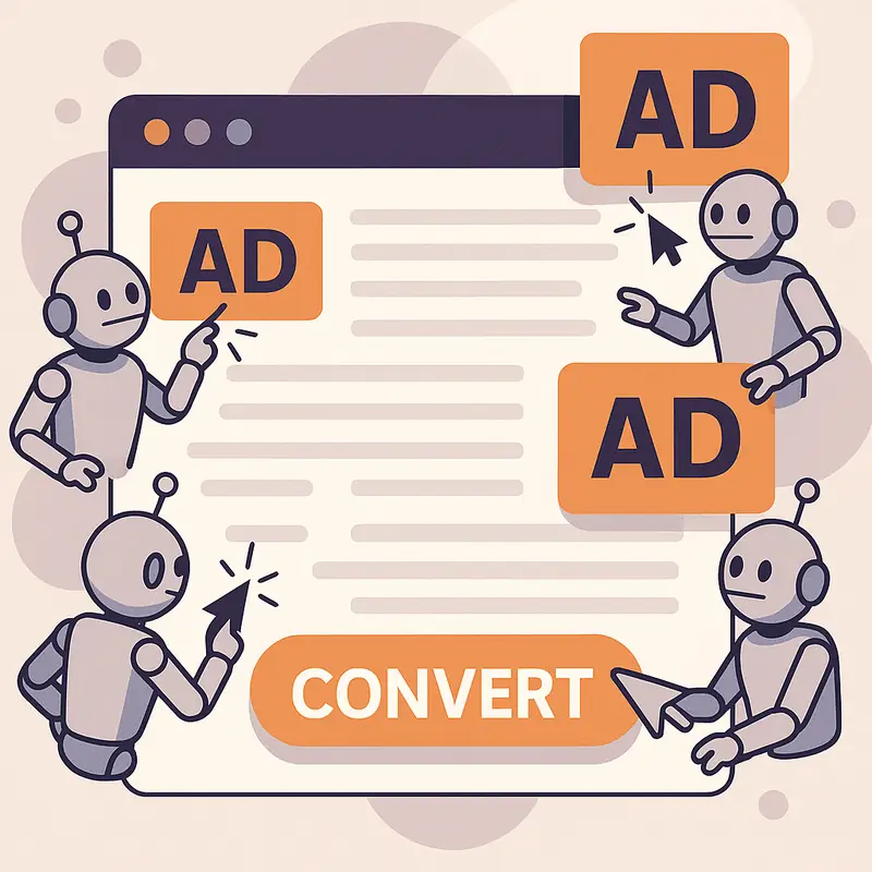 Sitio web con anuncios y bots generando clics y conversiones falsas en un entorno digital