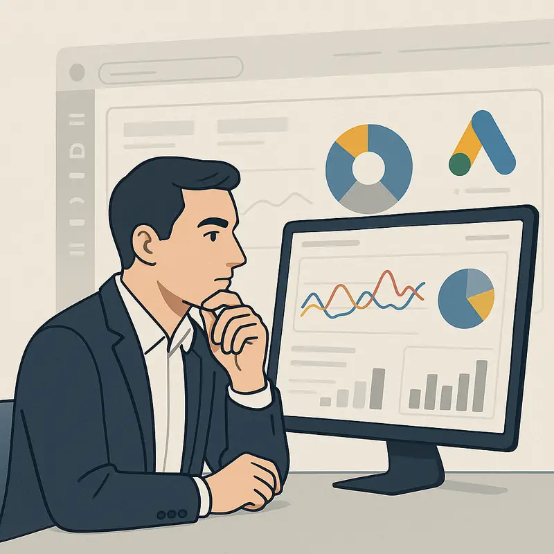 Profesional de marketing analizando datos y métricas antes de tomar una decisión estratégica en Google Ads