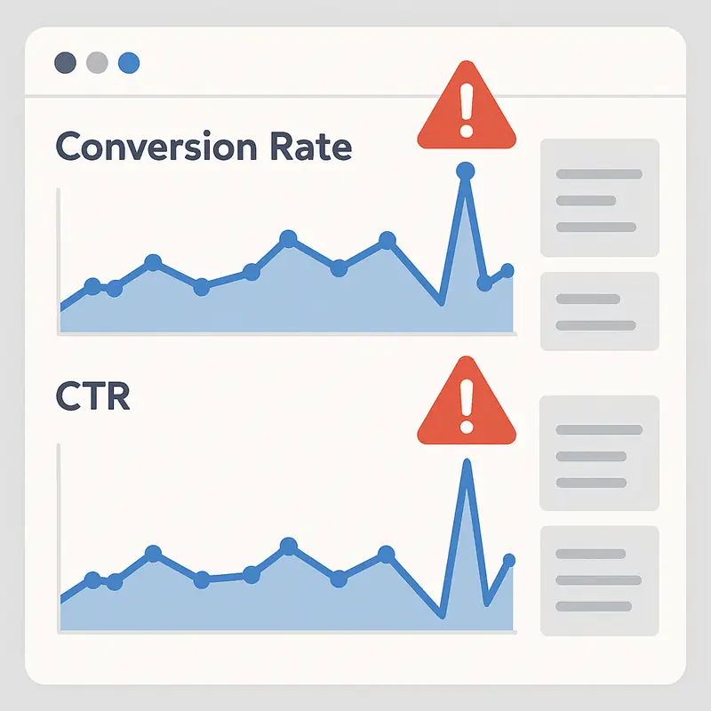 Gráficas de conversión y CTR con picos anómalos y señales de advertencia en un informe digital