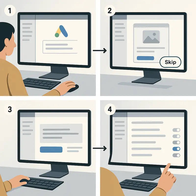 Secuencia visual de creación de campaña en Google Ads desde la interfaz avanzada