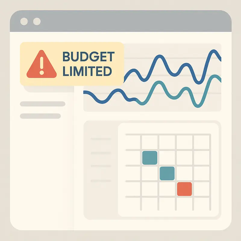 Panel de Google Ads mostrando alerta de presupuesto limitado con gráficos de gasto variable y calendario de días destacados