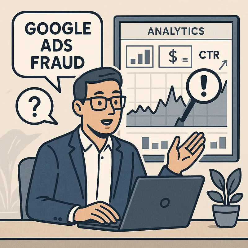 Especialista digital respondiendo dudas sobre fraude en Google Ads frente a una pantalla con gráficos