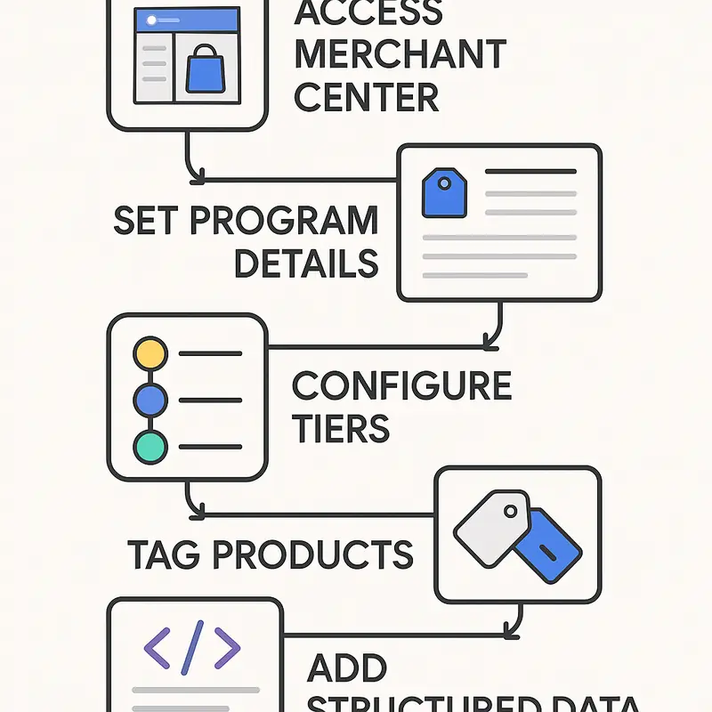 Secuencia visual de pasos técnicos para configurar un programa de fidelización en Merchant Center