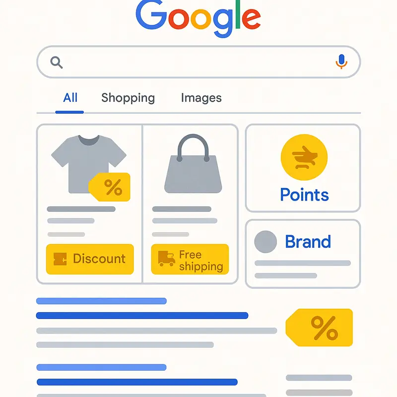 Visualización de ventajas de fidelización en anuncios, fichas de marca y resultados orgánicos de Google