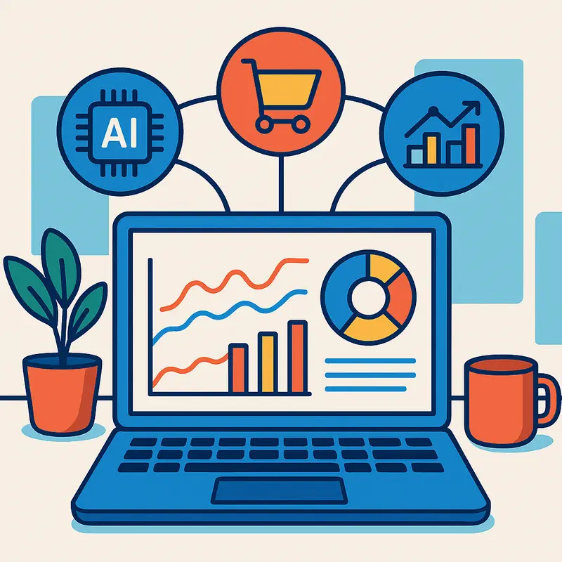 Panel digital con gráficos de IA, e-commerce y métricas conectadas en un entorno moderno