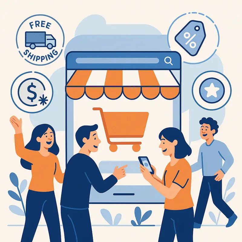 E-commerce destacado en Google con etiquetas de ventajas exclusivas y usuarios satisfechos