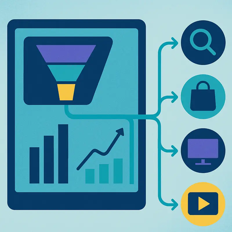 Panel analítico que separa la inversión publicitaria por búsqueda, compras, display y vídeo