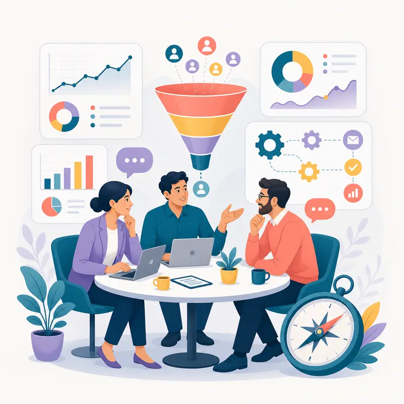 Estrategas de marketing analizando datos y negocio junto a un panel automatizado