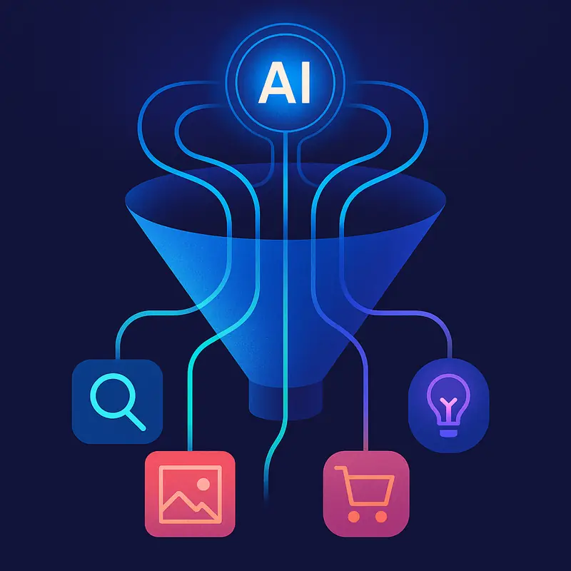 Inteligencia artificial ampliando una búsqueda hacia consultas informacionales dentro del embudo