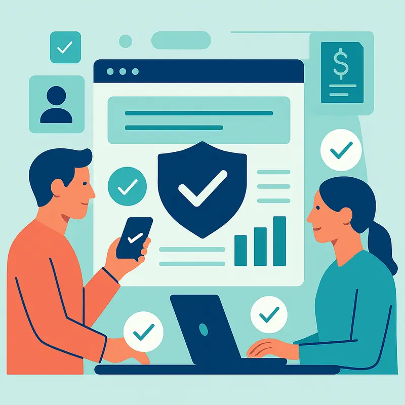 Dos administradores revisando juntos una aprobación segura para una cuenta publicitaria digital