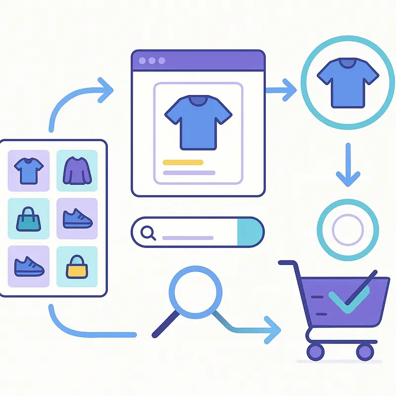 Recorrido de comercio electrónico desde catálogo de productos hasta compra y remarketing