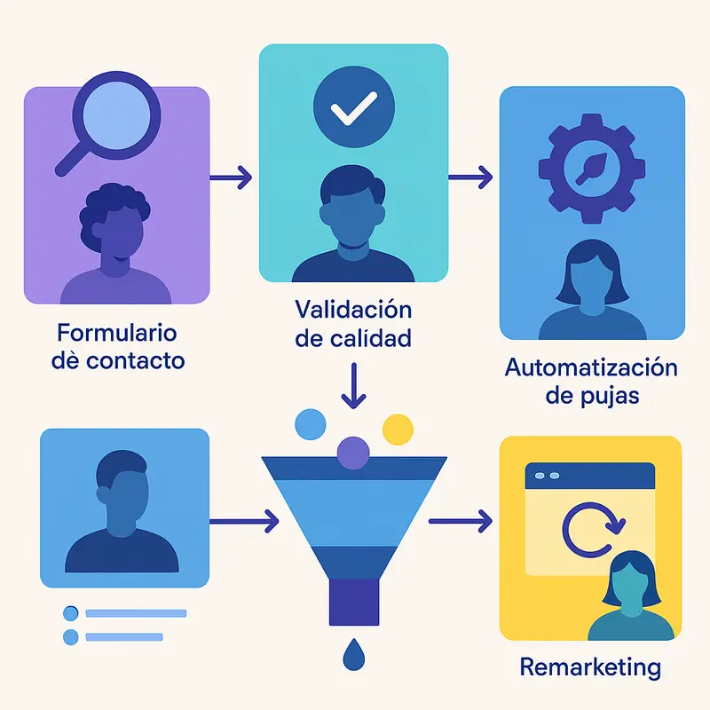 Flujo ordenado de captación de leads desde búsqueda inicial hasta remarketing y prospección