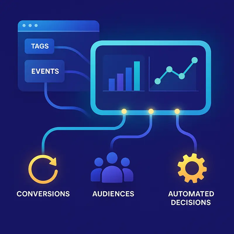 Panel conceptual de datos conectando etiquetas, conversiones, audiencias y decisiones automatizadas