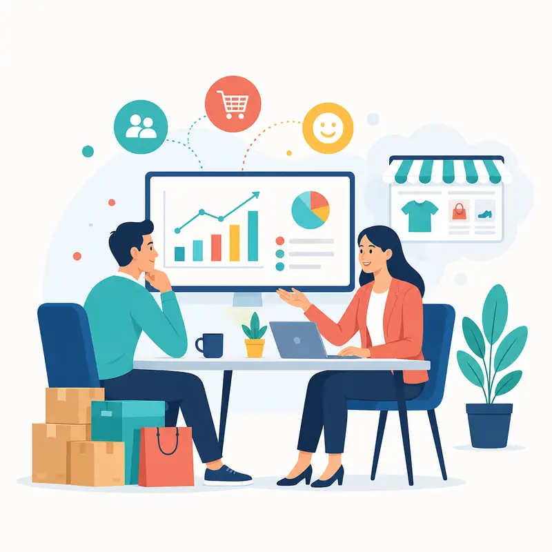 Propietario de tienda online revisando resultados y relación con su agencia digital