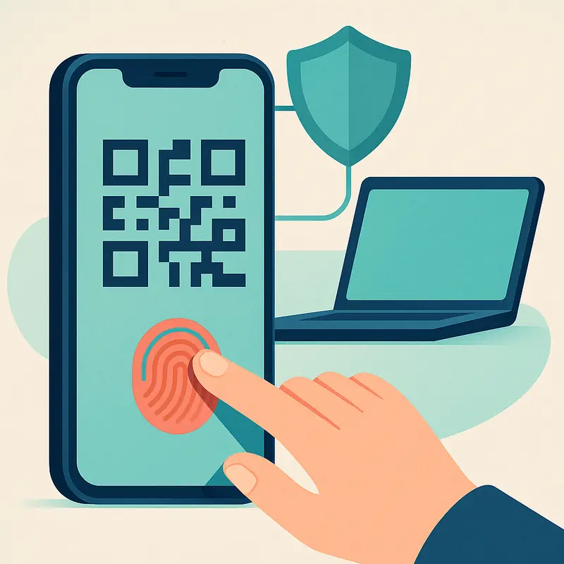Teléfono desbloqueado con huella digital junto a un código QR de autenticación segura