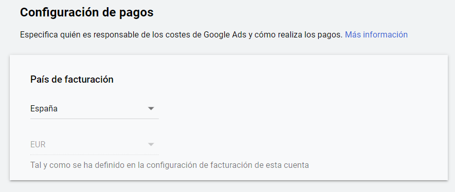 Facturacion Google Ads - País de facturación