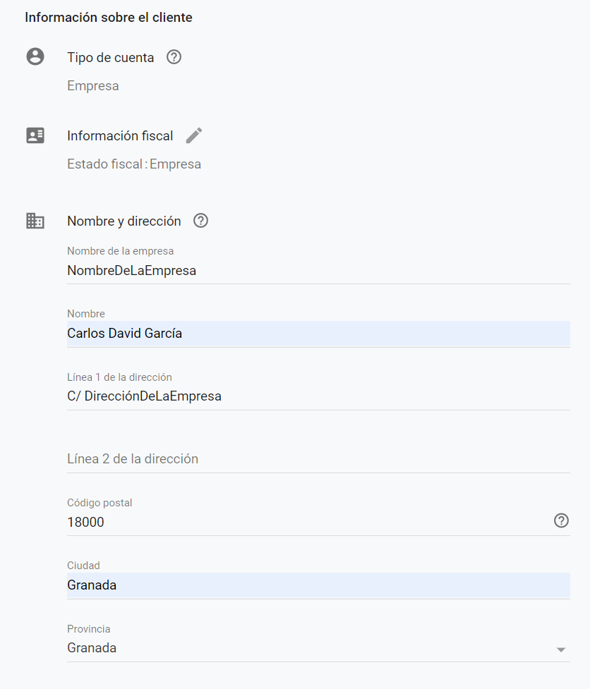 Facturacion Google Ads - Datos empresa