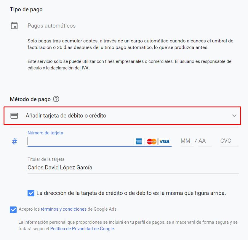 Facturacion Google Ads - Metodo de pago