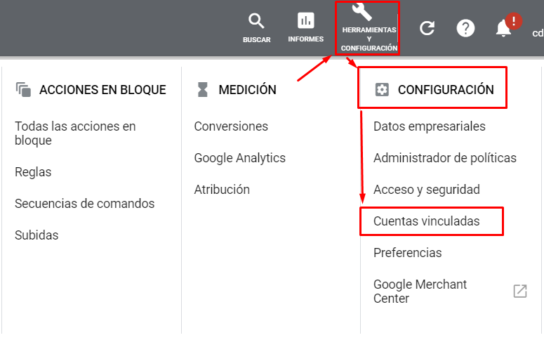 Vincular Google Ads con Google Analytics - Interfaz Google Ads