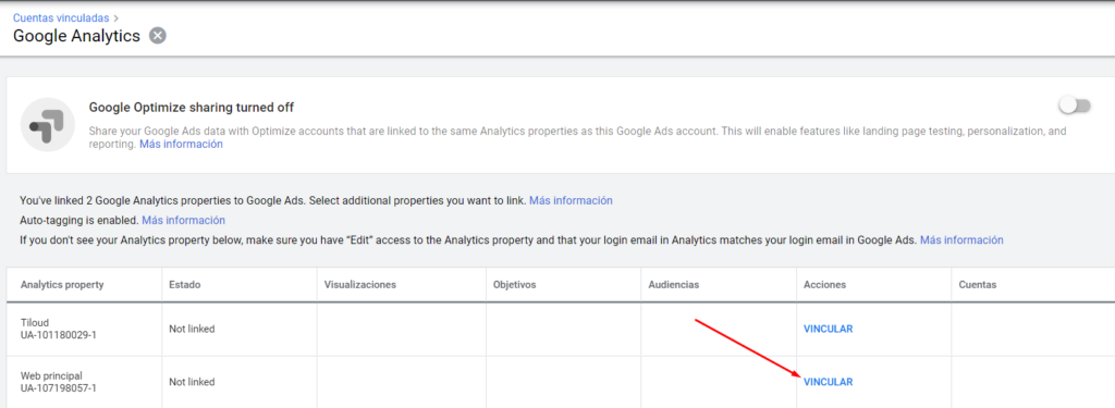 Vincular Google Ads con Google Analytics - Propiedades