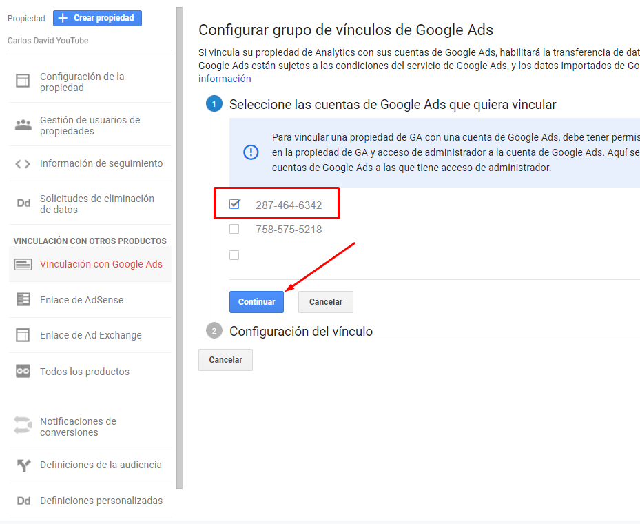 Vincular Google Ads con Google Analytics - Seleccionar cuenta