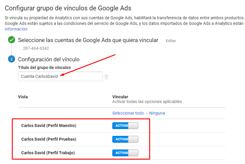 Vincular Google Ads con Google Analytics - Seleccionar vista Google Analtyics