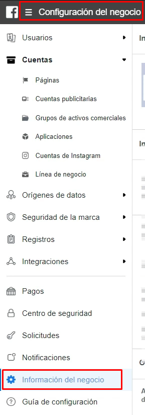 Información del negocio Business Manager