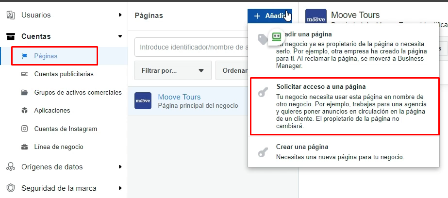 Solicitar acceso a una página de Facebook