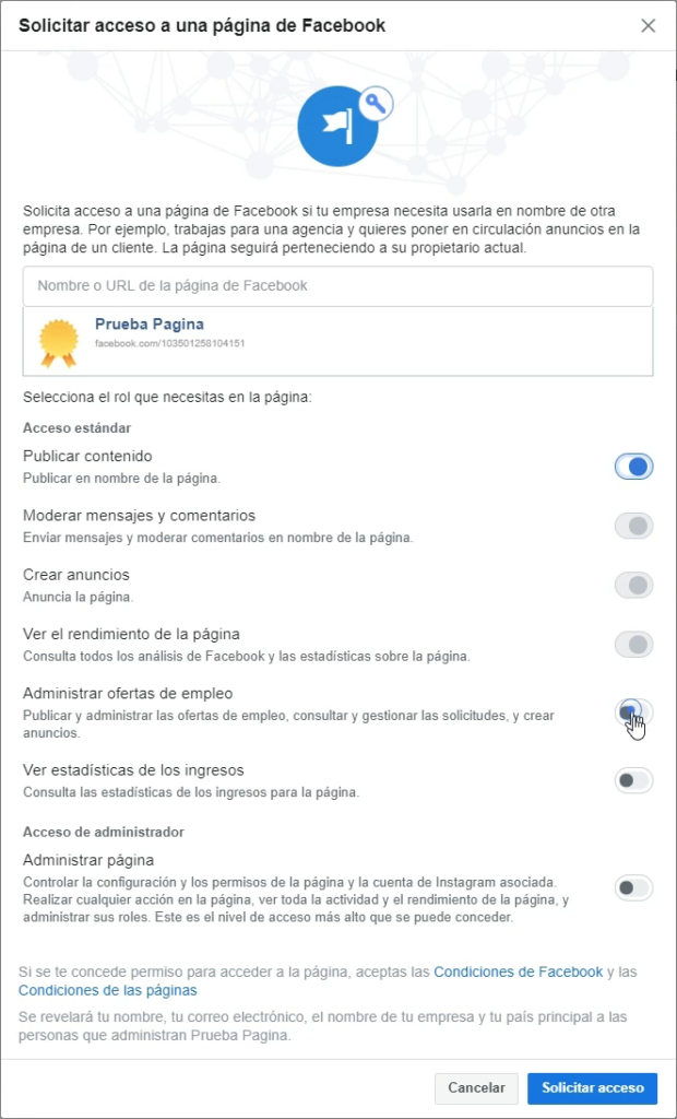 Permisos pagina de Facebook