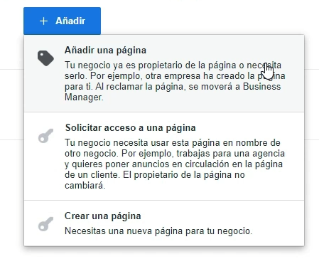 Añadir página Facebook a Business Manager