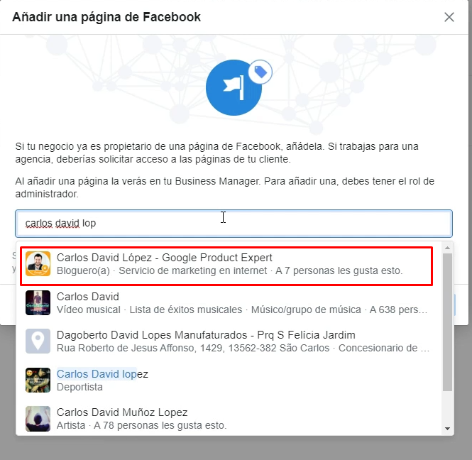 Buscar página de Facebook en Business Manager