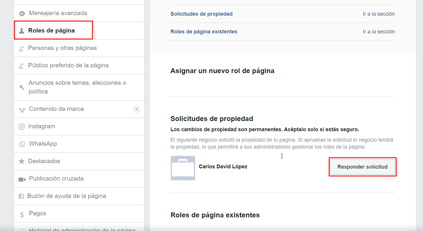 Roles de pagina Facebook responder solicitud