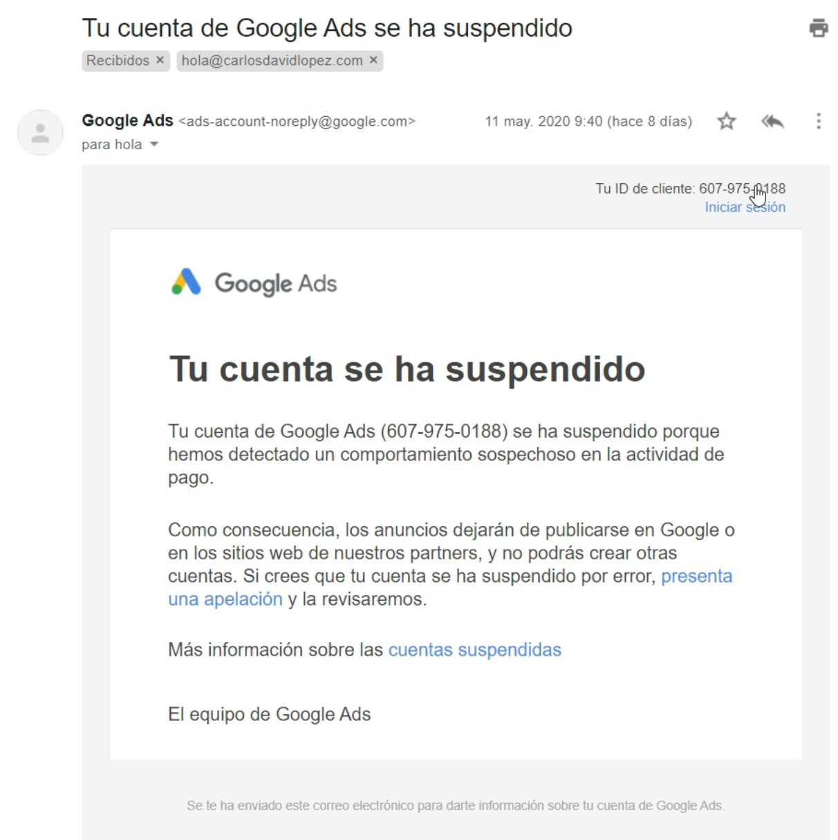 Correo suspension cuenta Google Ads
