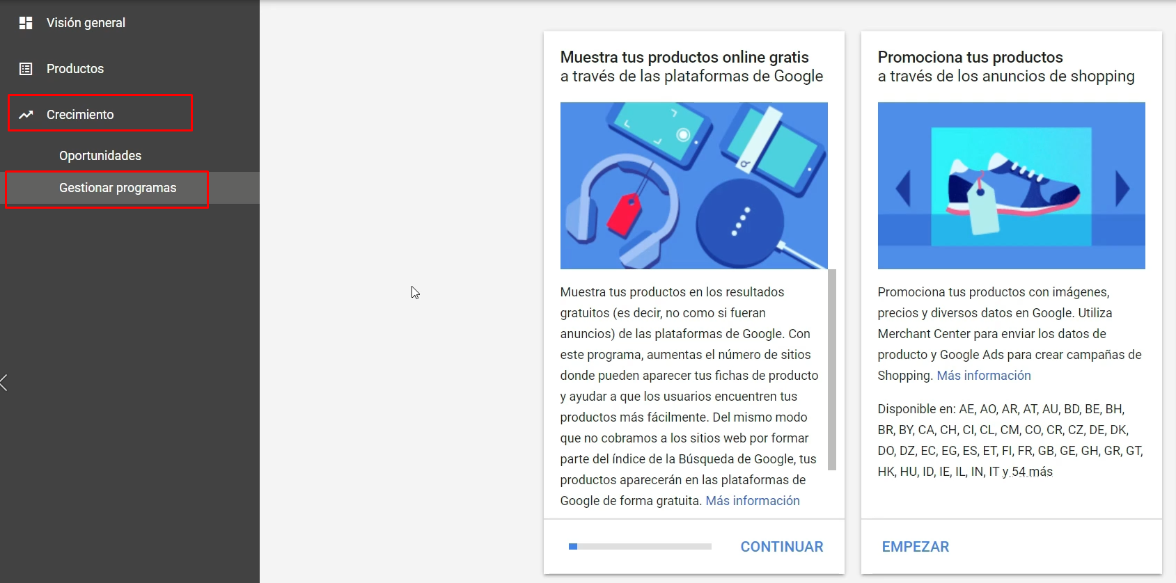 Gestionar programas Google Merchant Center