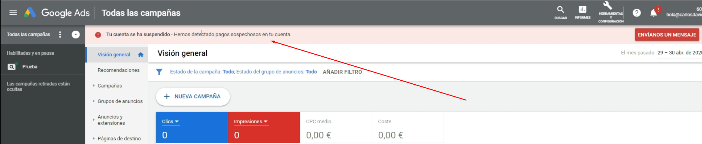 Tu cuenta se ha suspendido Google Ads