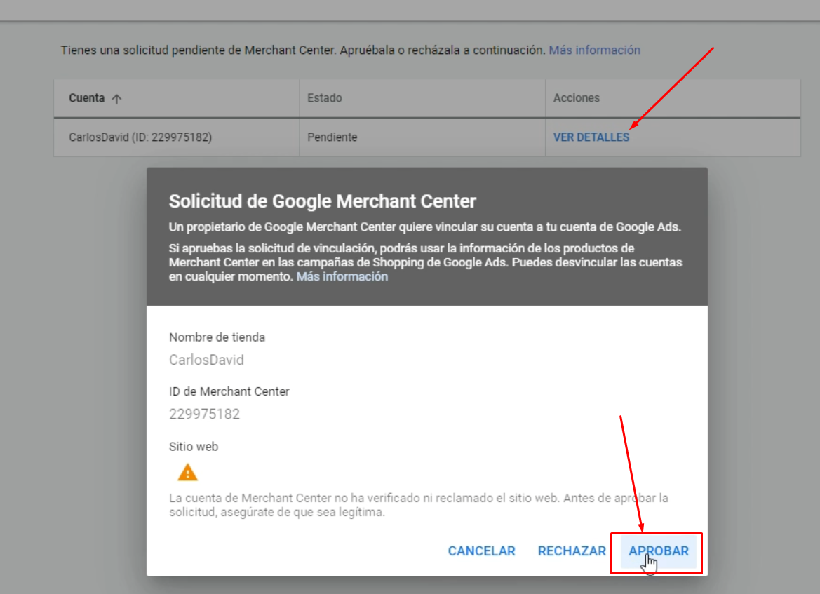 Aprobar solicitud Google Merchant Center