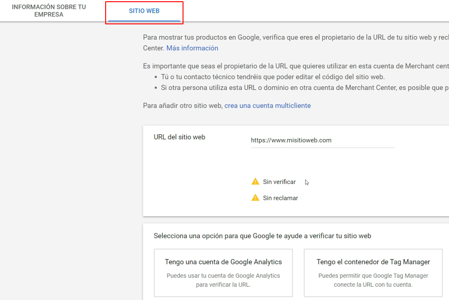 Añadir y verificar sitio web Merchant Center