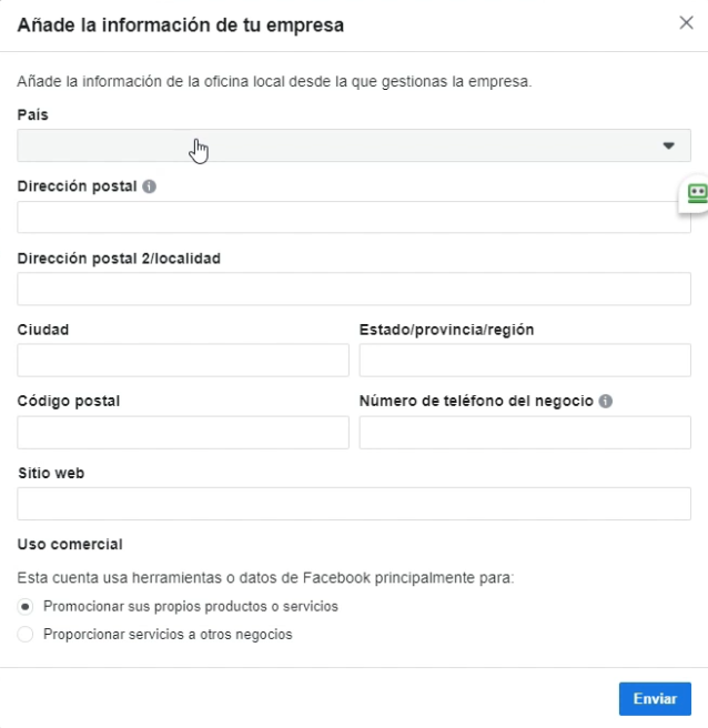 Introducir datos del negocio Business Manager Facebook