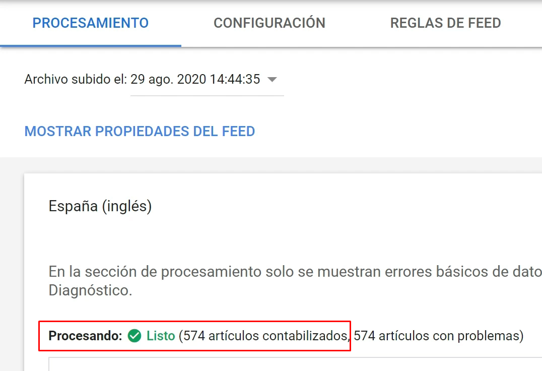 Feed de productos procesado Merchant Center