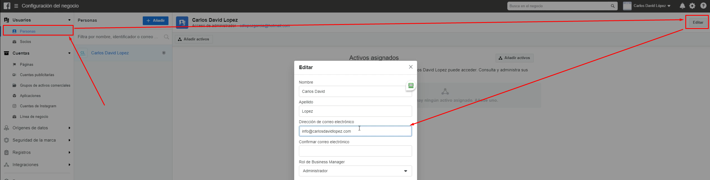 Cambiar direccion de correo Business Manager Facebook