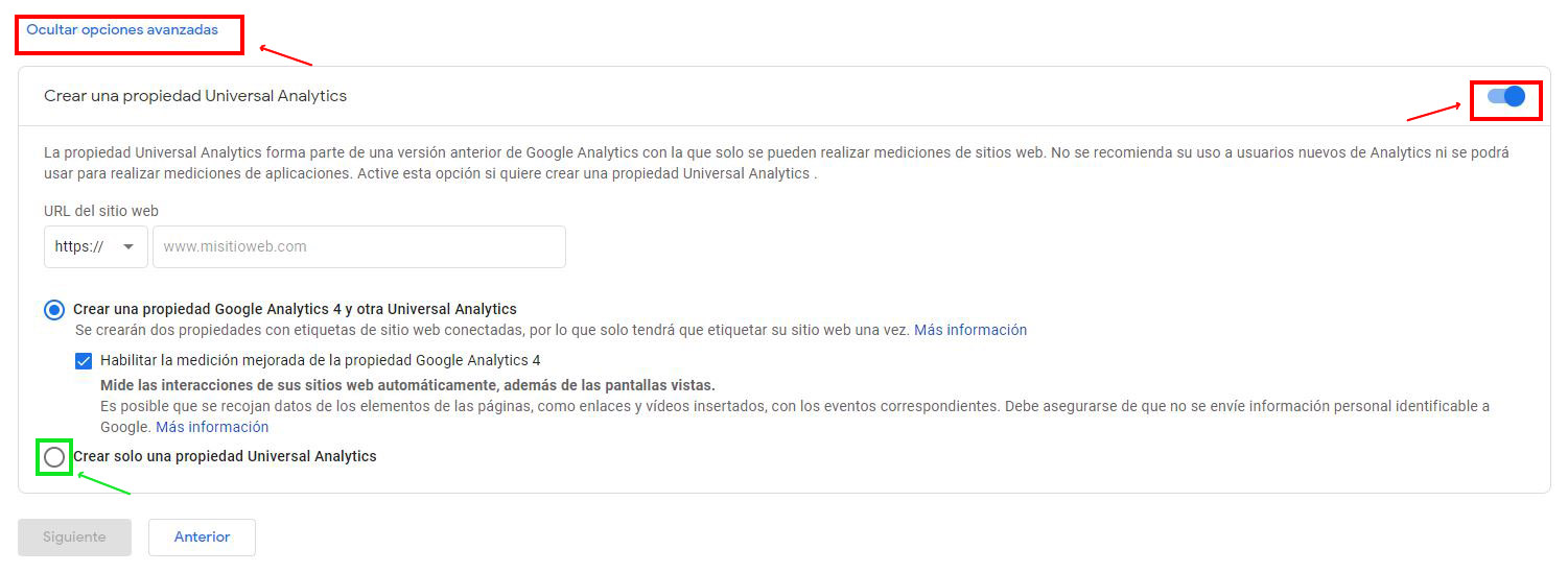 Opcional crear propiedad de Universal Analytics